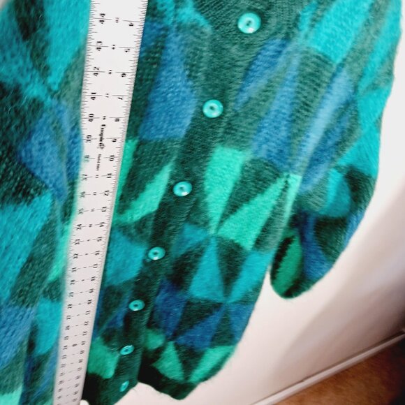 Mohair Label Irish Mohair & Wool Geo Print Cardigan, Greens & Peacock Blue ? Med - Picture 15 of 16